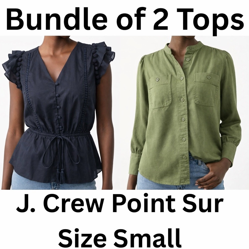 J. CREW Point Sur Bundle of 2: Black Blouse & Green Twill Shirt Women Size Small